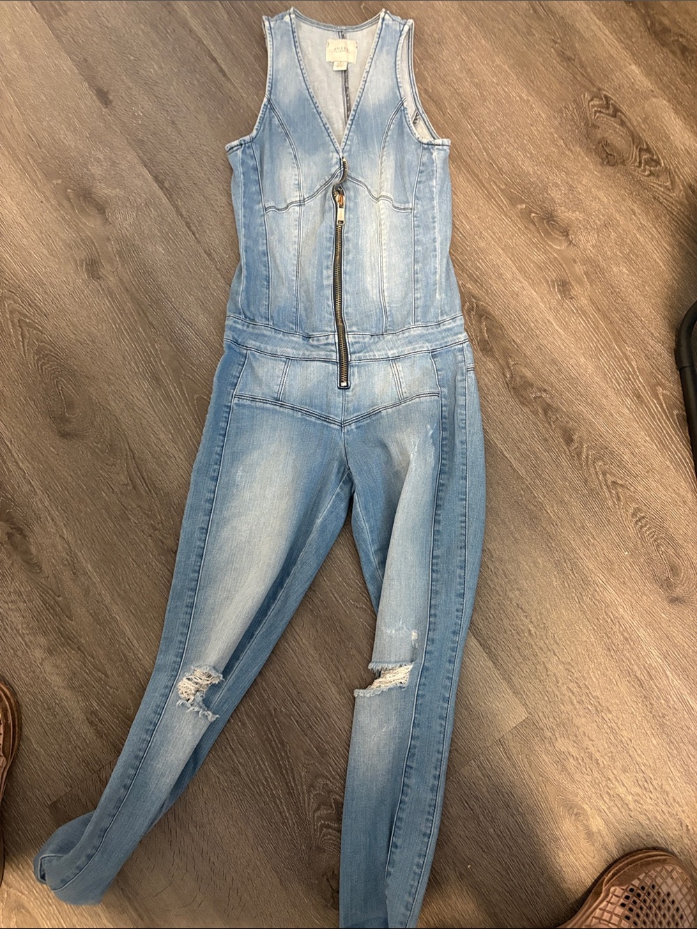Guess Light Blue Denim Zip-Front Women's Jumpsuit